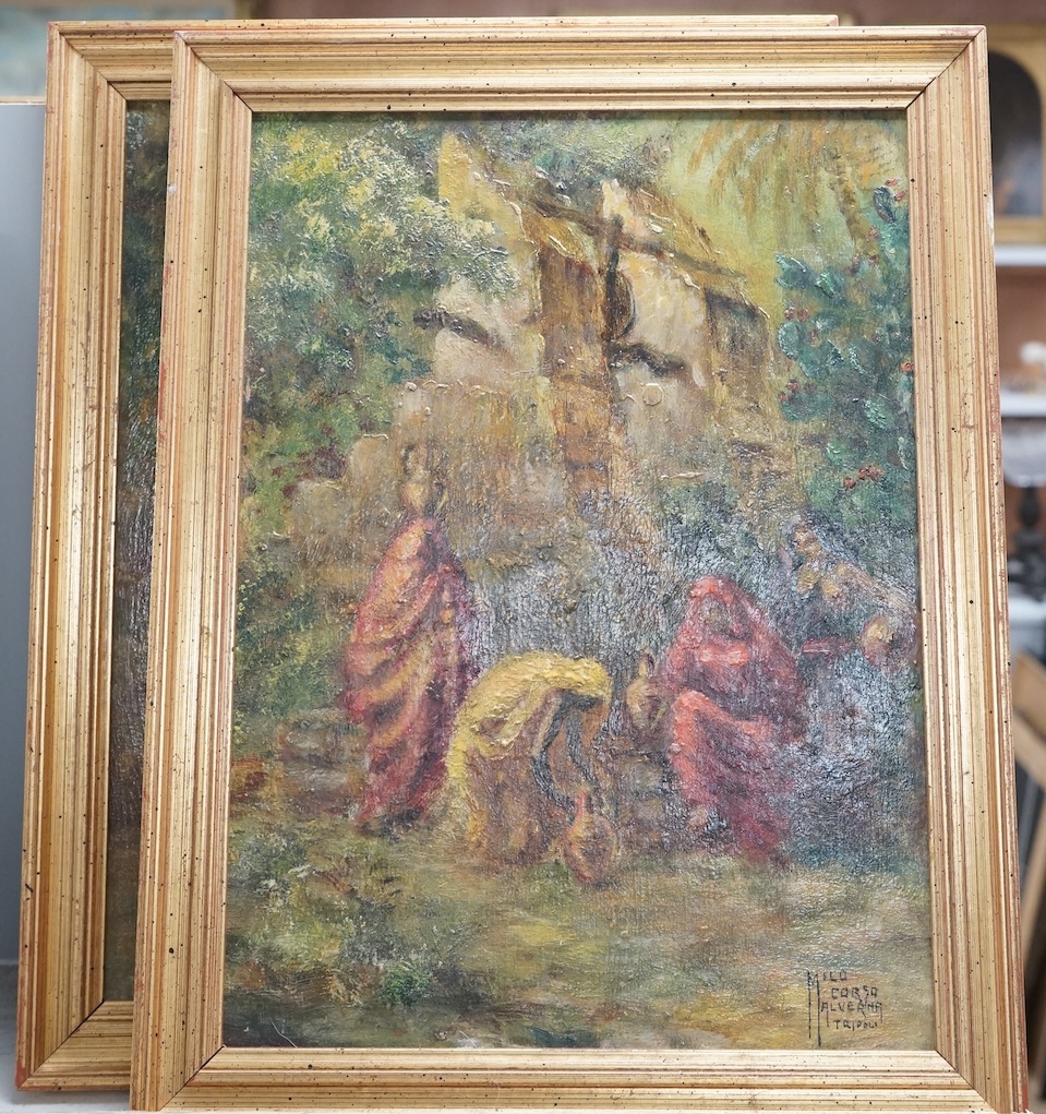 Milo Corso Malverna (20th. C), pair of oils on board, Eastern street scenes, each signed and inscribed Tripoli, 32 x 23cm